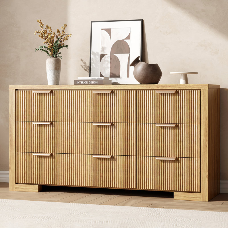 Commode 9 tiroirs l 57 po pour chambre à coucher, commode cannelée moderne, rangement pour commode, Brun