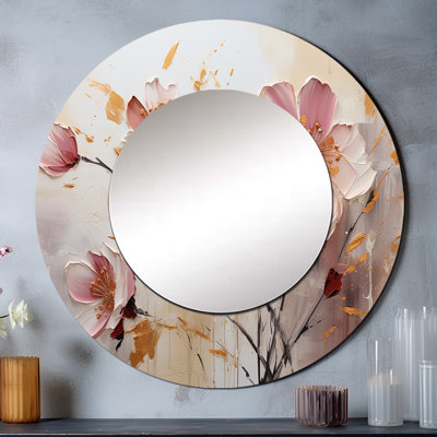 «Rolandini Rose and Beige Black Flower Wave Fusion», miroir mural de formes abstraites, miroir décoratif rond moderne, impression d'art en métal