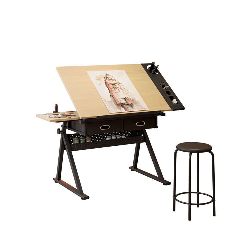 Bureau de dessin avec table inclinable réglable et 2 tiroirs pour le bureau à domicile, tabouret Comes
