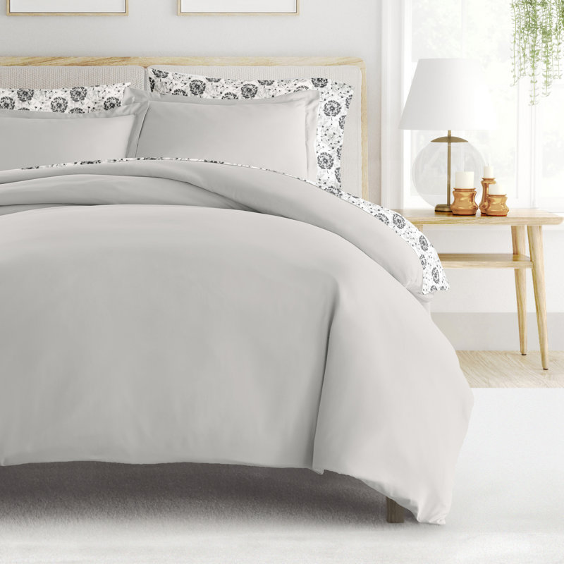 Ensemble de literie 8 pièces - Housse de couette unie, ensemble d'édredon et ensemble de draps à motifs, Floral gris clair