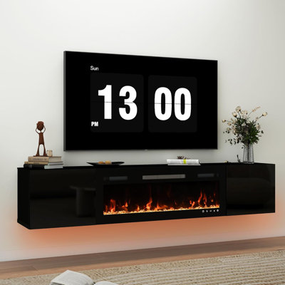 80" Black Floating Fireplace Tv Stand