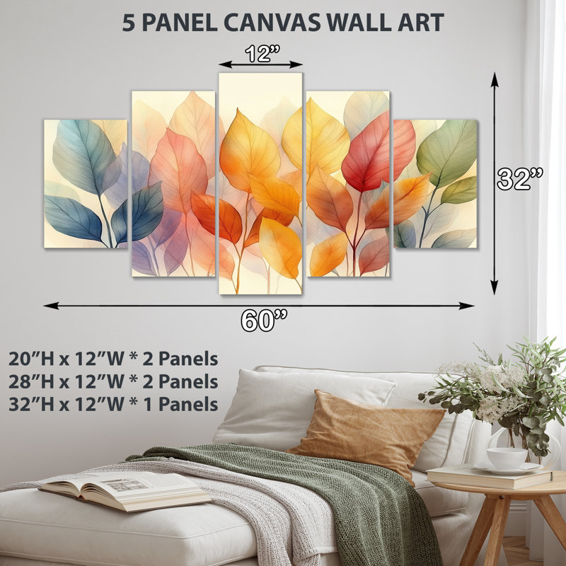 Feuille d'automne, art mural aquarelle, aquarelle de feuilles d'automne vibrantes 5 panneaux