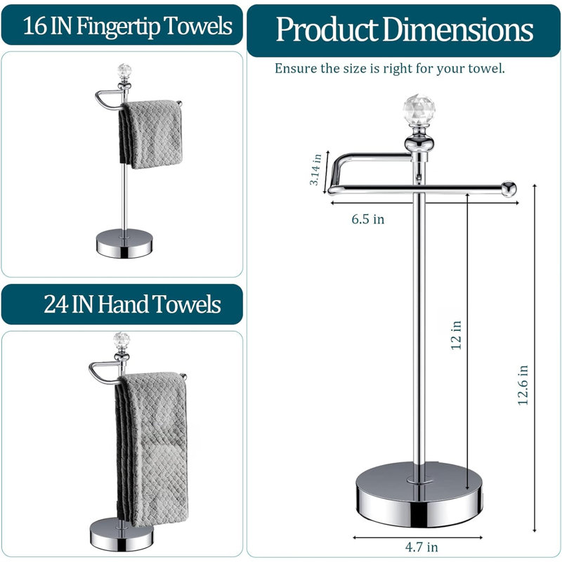  Porte-serviettes autoportant stable en acier inoxydable, porte-serviettes de bain debout pour comptoir de cuisine de salle de bain, porte-serviette rustique avec boule de cristal H 15,7 po (chrome poli, paquet de 2)
