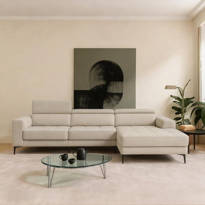 109.3"Genuine Leather Chaise Sectional Sofa - Modern L-Shape Sleeper Sofa with Adjustable Headrests Living Room Furniture,Gray