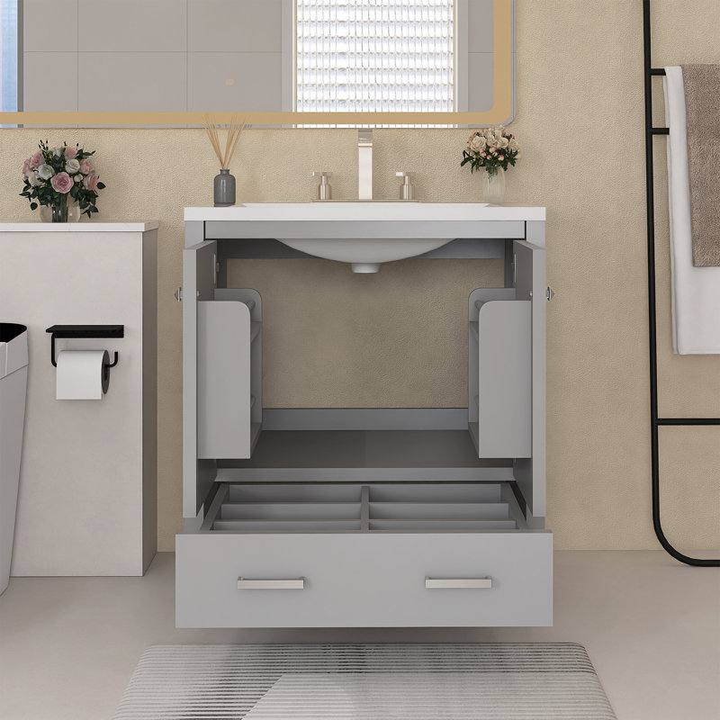 Meuble-lavabo autoportant de 30 po avec lavabo en céramique, Gris, Argent argent