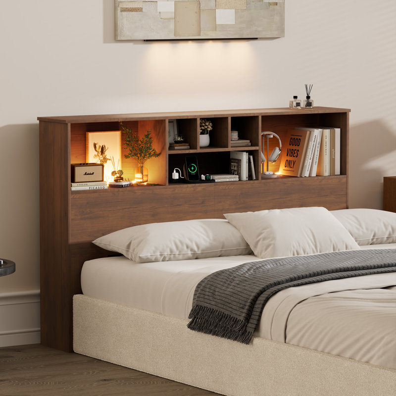 Modern Wooden Bookcase Headboard with Adjustable LED Lights & Charging Station – Queen & King Sizes,, QUEEN, Brown