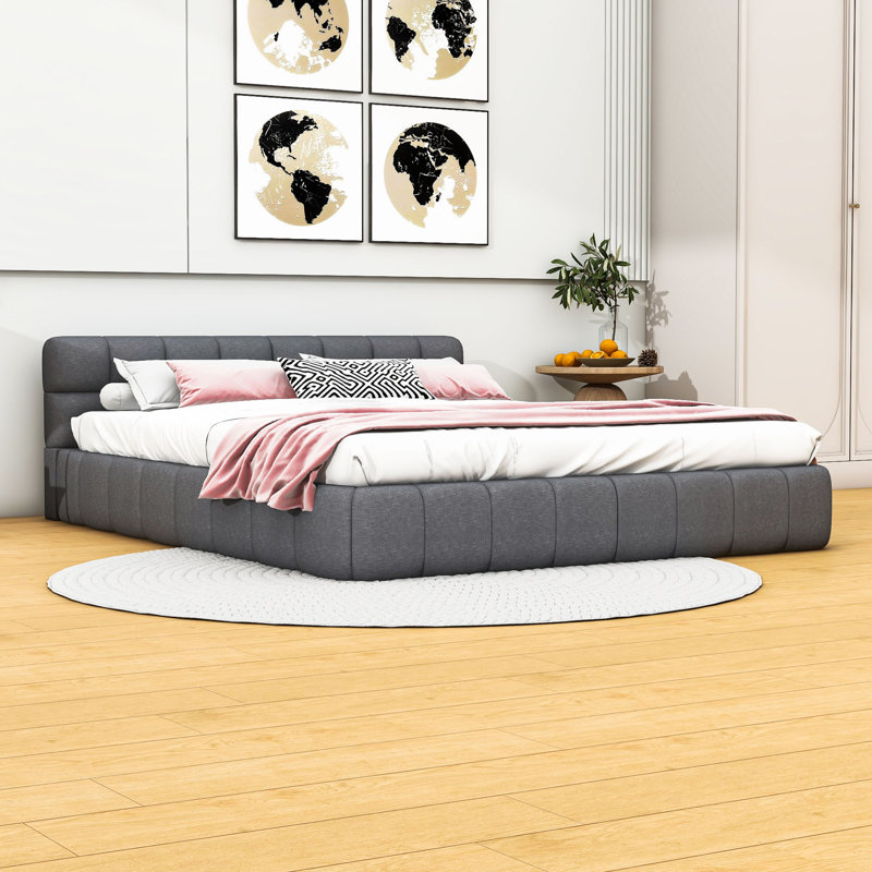Grand lit plateforme tapissier avec tête de lit et lattes Mekael, gris