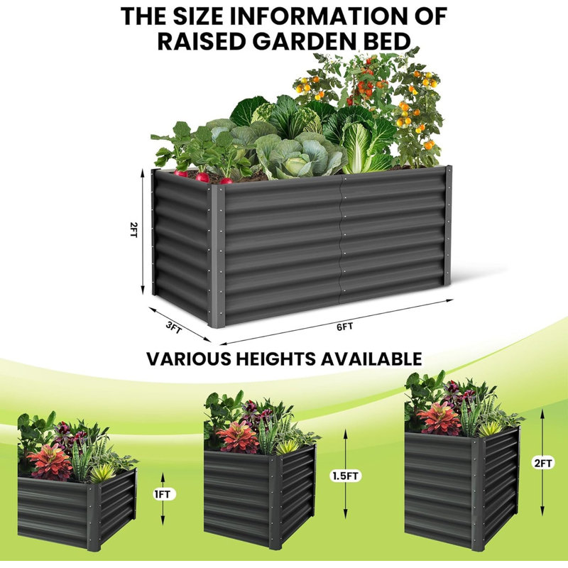 Metal Raised Garden Bed, 60cm H x 180cm W x 90cm D
