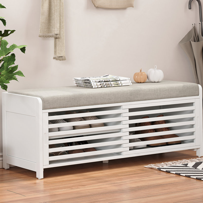 Banc de rangement à volets vieillis avec placage d'acacia pour le charme rétro du salon, entrée (blanc), Blanc