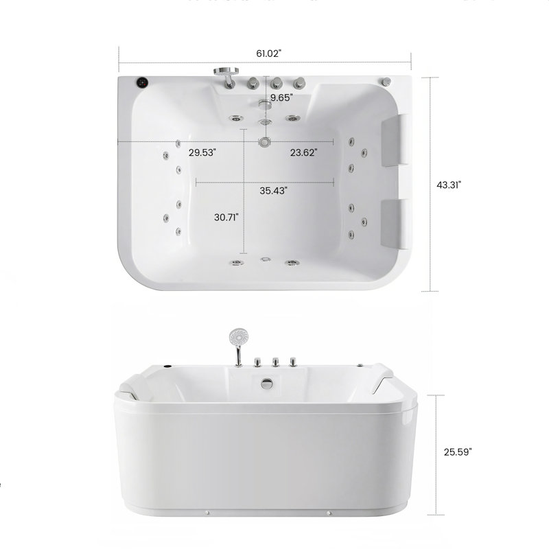Baignoire de massage double en acrylique de 61 pouces avec éclairage à DEL et fonction de massage d'hydrothérapie chauffée