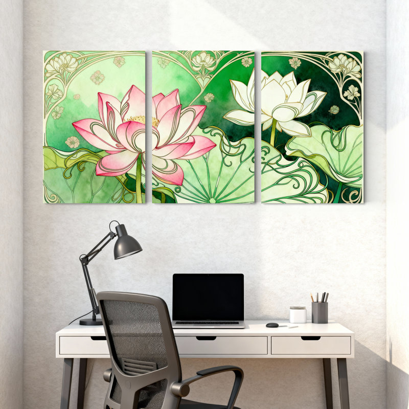 Ensemble de 3 tableaux muraux de style Art déco représentant des fleurs de lotus, H 24 po x l 48 po