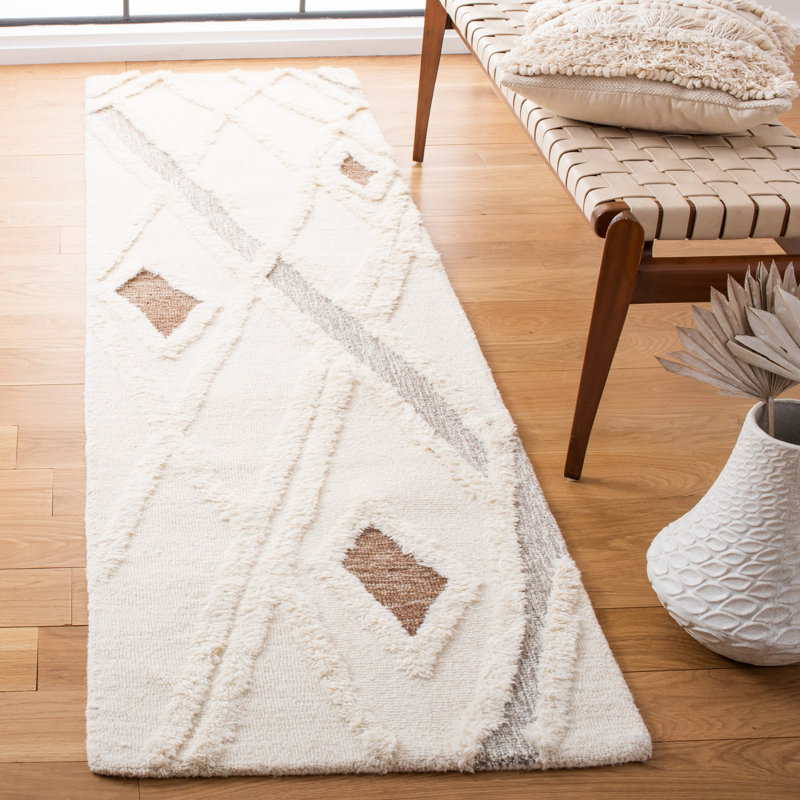 Saphira Geometric Handmade Tufted Cotton/Wool Cream/Brown/Gray Area Rug, Runner 2'3" x 18'