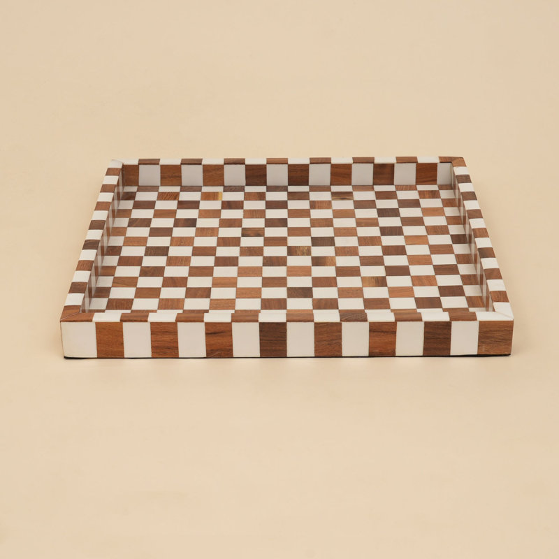 Plateau de service décoratif carré de 40 cm (16 po) avec motif à carreaux en bois et résine