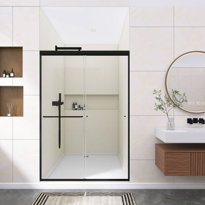 48" W X 70" H Framed Double Sliding Shower Door, 6Mm Explosion-Proof Tempered Glass With Inner Nano Film, Brushed Gold Finish Aluminum Alloy Frame, Bathroom Shower Enclosure With Towel Bar