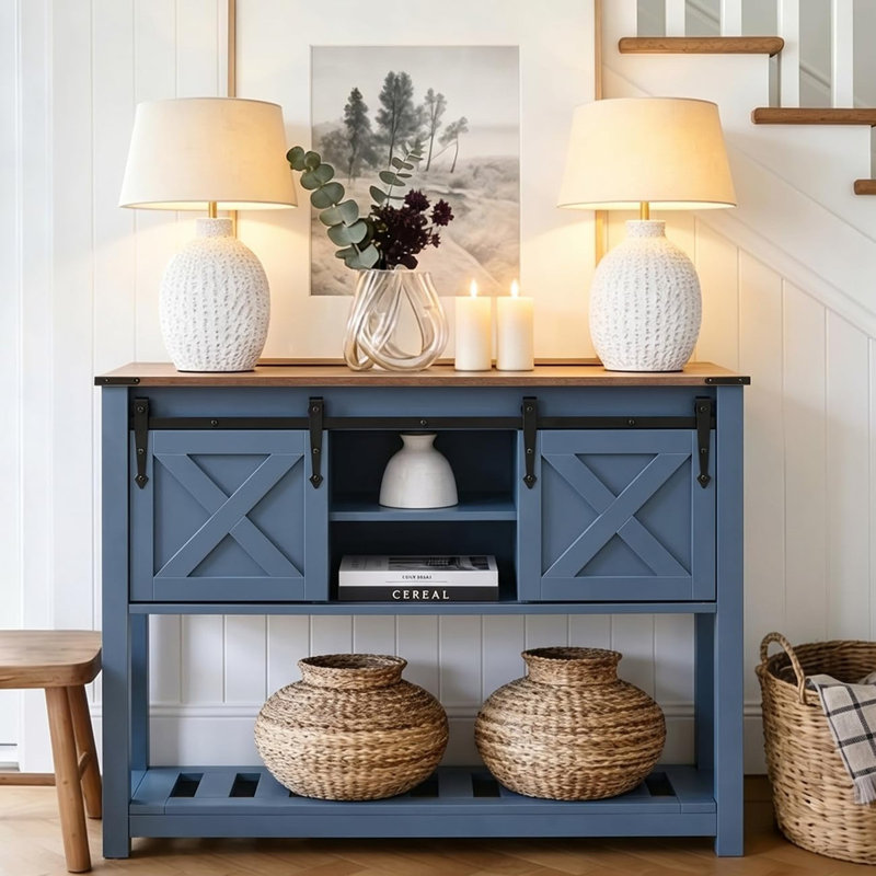 Entryway Table with Storage Shelf, Sliding Barn Doors Console Table for Living Room Hallway, Brun foncé / Bleu