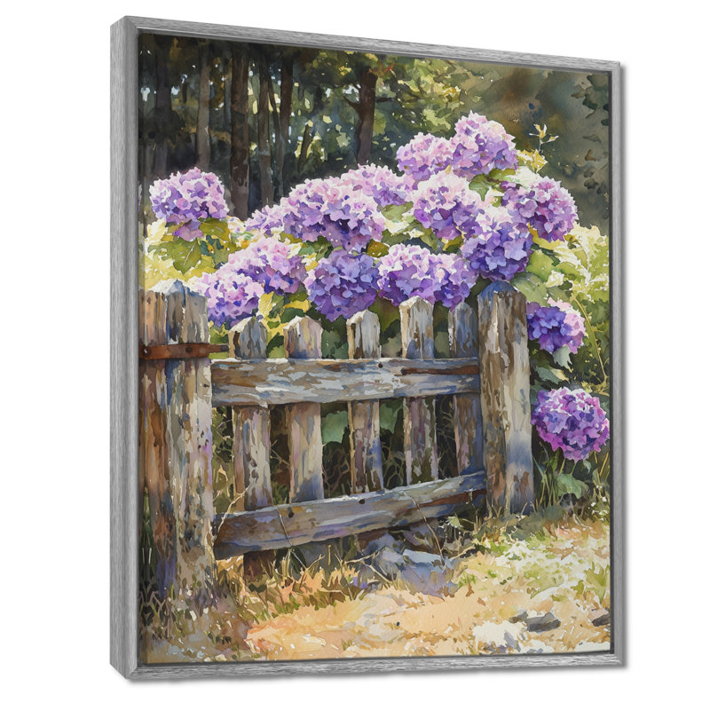 Été hortensias par The Farm Fence III - hydrangées, art mural, Argent argent, Reproduction avec cadre flottant