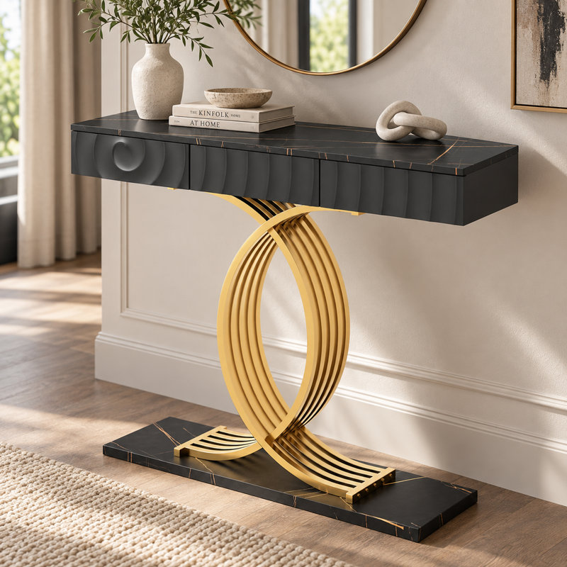 Table console d'entrée étroite moderne de 121 cm (47,54 po) avec 3 tiroirs, noire et dorée, avec structure en métal