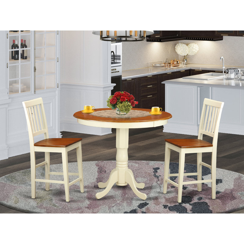 L'ensemble de table de salle à manger 3 pièces à hauteur de comptoir comprend une table ronde avec piédestal et 2 chaises de cuisine, babeurre et cerise