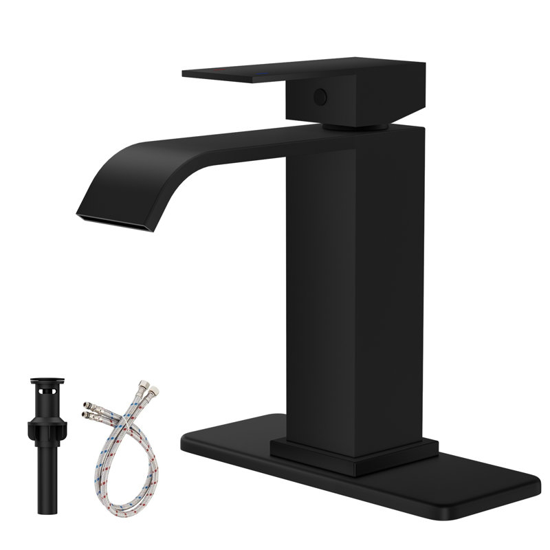 Robinet pour salle de bain à poignée simple à arc simple avec drain escamotable noir mat Waterfall, Noir mat