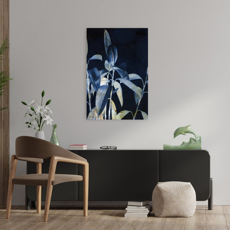 Bleu marine plante abstraite contemporaine élégante plante en caoutchouc nature, 36" H x 24" W