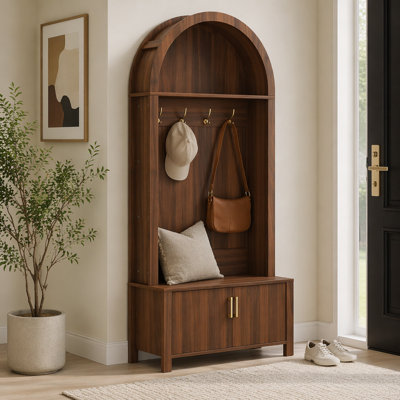 Arched Top Hall Tree with Bench and Shoe Storage,mudroom bench with storage,70.3"Arch Coat Rack with 4 Metal Hooks and 2 Fluted Doors