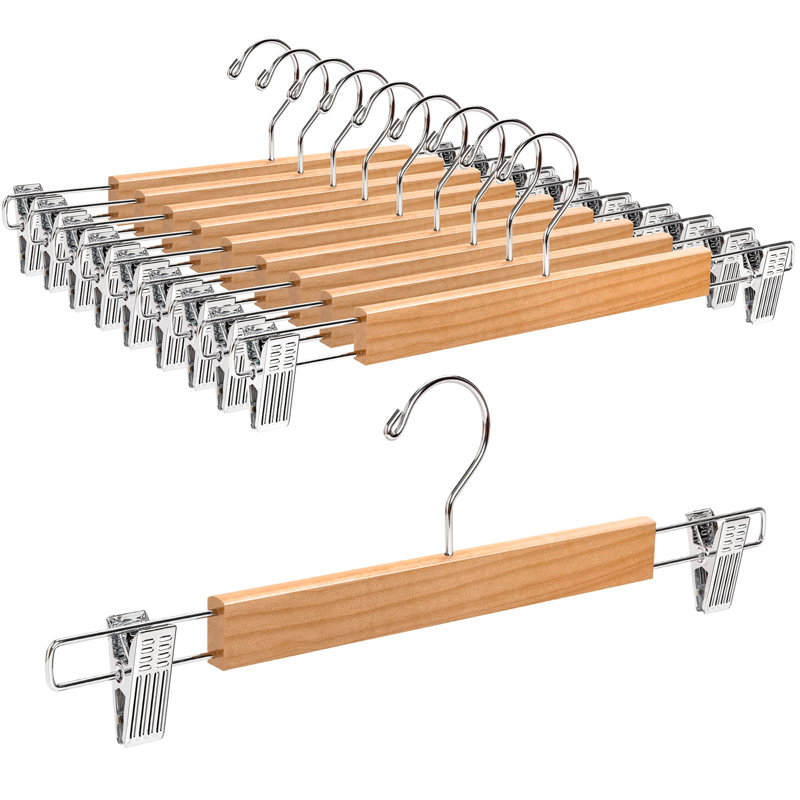 Irene Wood Non-Slip Hangers With Clips for Skirt/Pants, Natural