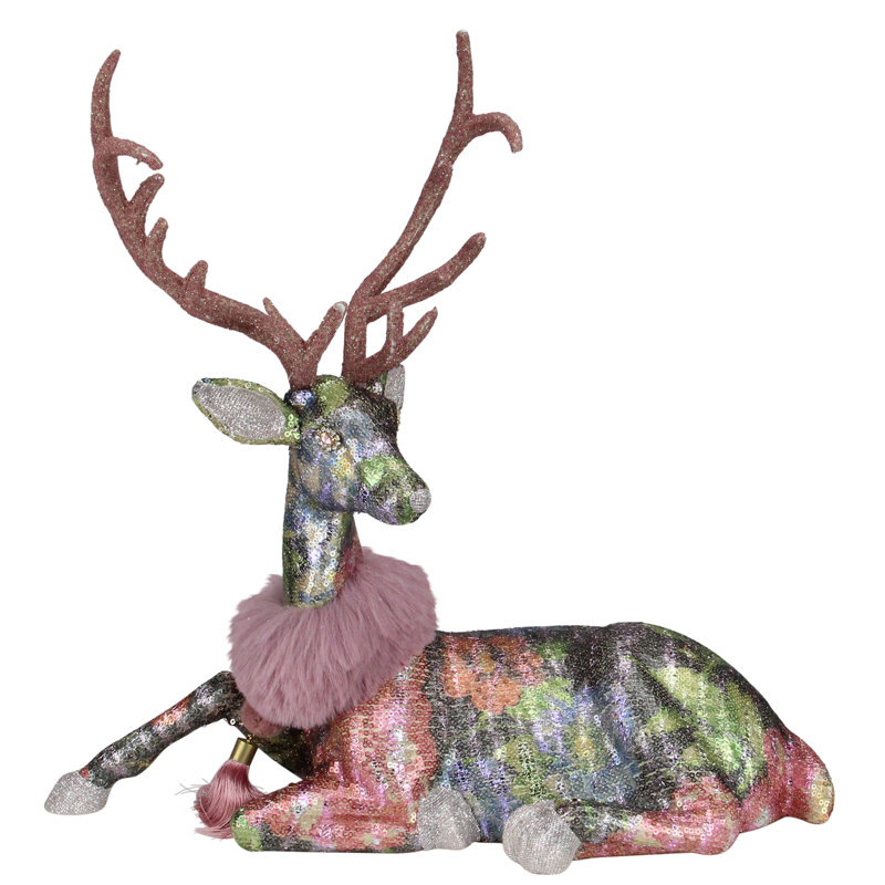 Figurine de Noël cerf orné de paillettes florales 16 po