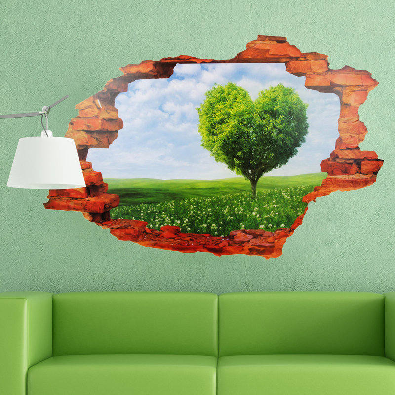 View Through The Wall Heart Tree Meadow Wall Decal