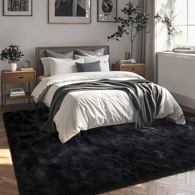 Soft Black Area Rugs For Bedroom Living Room, 4X6 Feet Modern Indoor Fluffy Shaggy Rug, Non-Slip Fuzzy Furry Rug For Nursery  Room Dorm Room Home Decor, High Pile Plush Floor Carpet