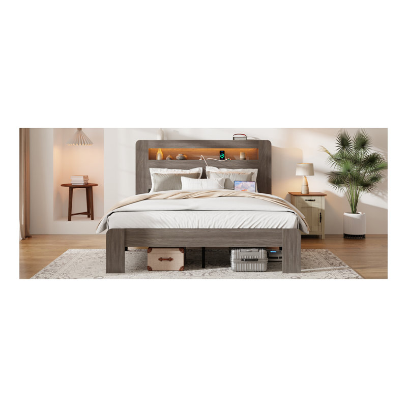 Structure de lit double, structure de lit plateforme en bois avec tête de lit à DEL avec rangement et 2 ports USB, silencieux, aucun sommier nécessaire et outil d'assemblage facile, grand rangement sous le lit, gris foncé