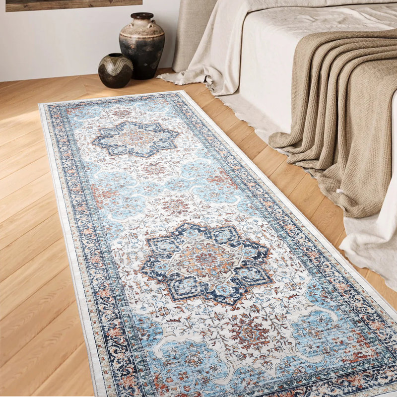 Vintage Floral Pattern Washable Area Rug 2x6, Non Slip Backing Retro Carpet for Entryway Kitchen Bathroom Living Room Hallways Bedroom, Blue and Orange