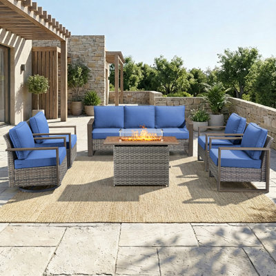 6-Piece Outdoor Wicker Frame Armrest Fire Pit Set With Swivel Chairs And Armchairs