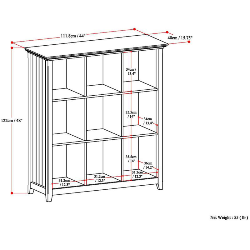 Acadian 44"W Solid Wood 9 Cube Storage Bookcase with Fixed Shelves, Black