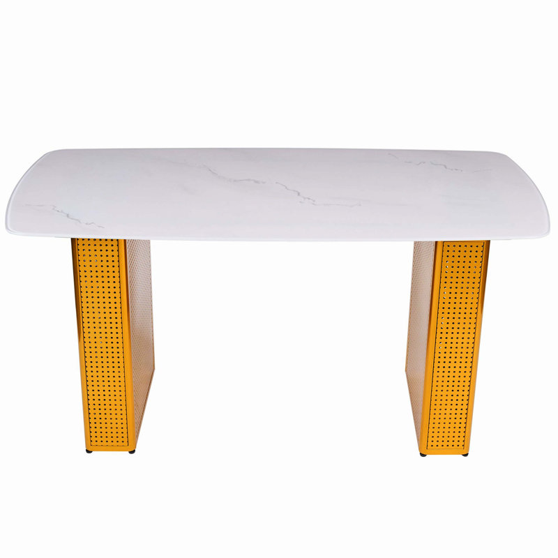 Table de salle à manger moderne moderne en verre trempé à motif de marbre avec base à double piédestal doré, idéale pour la salle à manger et le bureau personnel