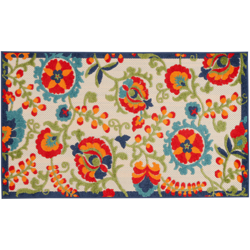 Bernia Floral Ivory/Red/Green Indoor/Outdoor Area Rug, Rectangle 3' x 5'