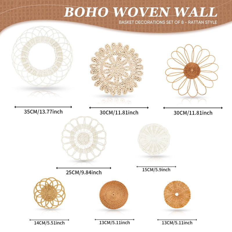 Boho, ensemble de 8 paniers muraux en rotin, décoration murale fleur en rotin, paniers tissés plats, décoration murale unique en osier de mer Boho (rotin classique)