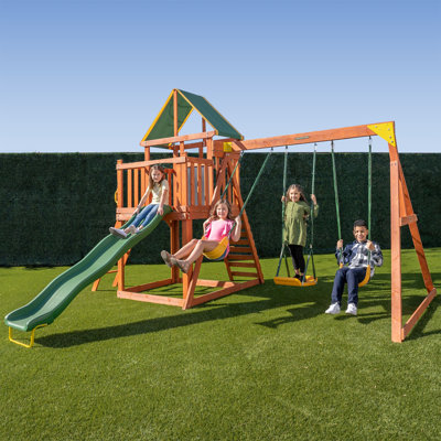 Sportspower Pine Hill Wooden Swing Set with Lifetime Warranty on 8' Blow Molded Slide