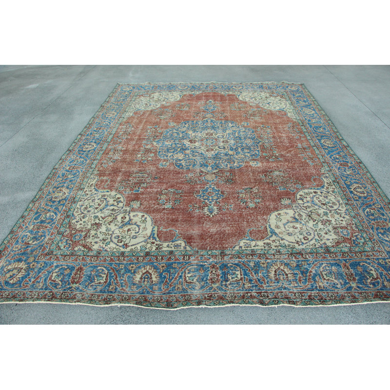 Tapis turc antique avec un riche motif rouge et bleu pour une décoration de style rétro de taille généreuse