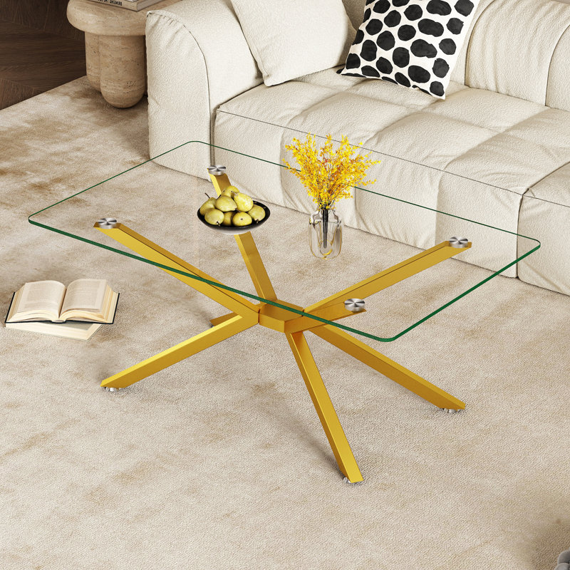 Table basse en verre pour le salon, table basse rectangulaire moderne avec plateau en verre trempé, Transparent / or