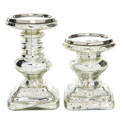Glass Handmade Turned Style Pillar Candle Holder with Faux Mercury Glass Finish 2 - Pieces