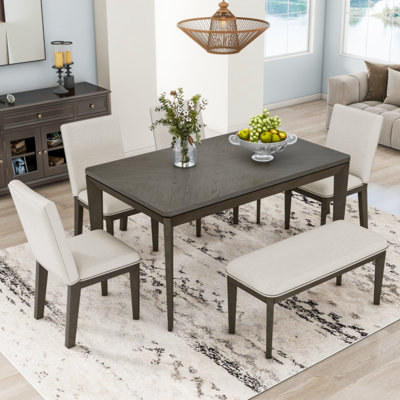 6-Piece Dining Table Set With Upholstered Dining Chairs And Bench,Farmhouse Style, Tapered Legs, Dark Gray+Beige -  Latitude RunÂ®, 1047BEA5779149C38BCA6E338476B9B7