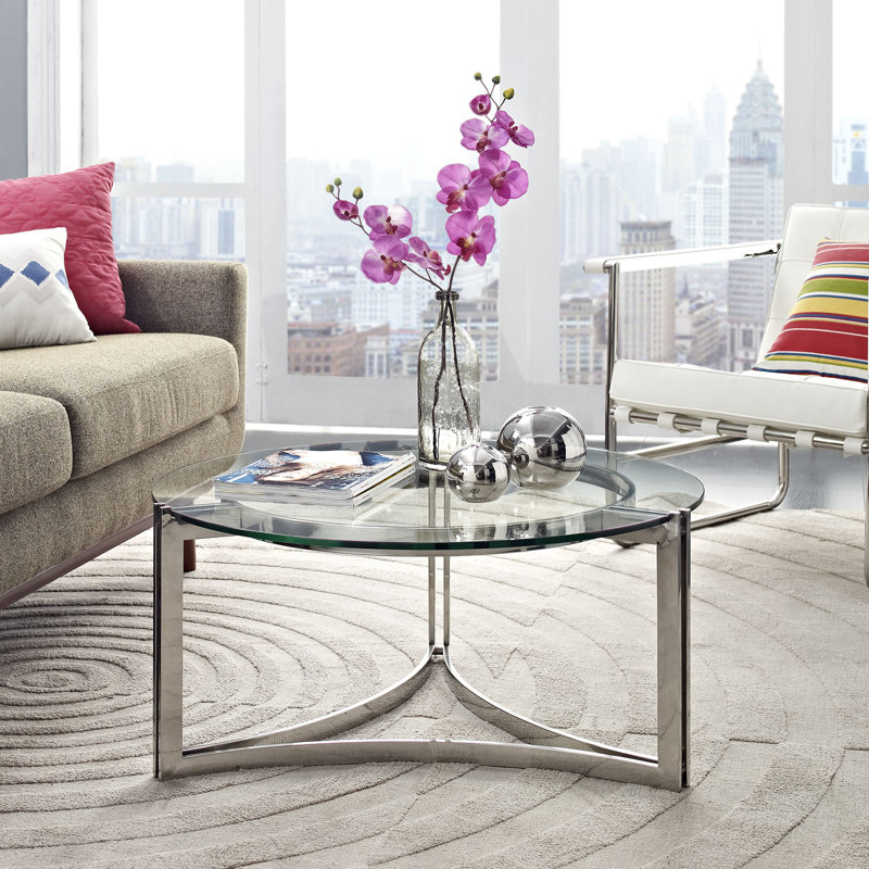 Elegant 31" Round Stainless Steel and Glass Coffee Table