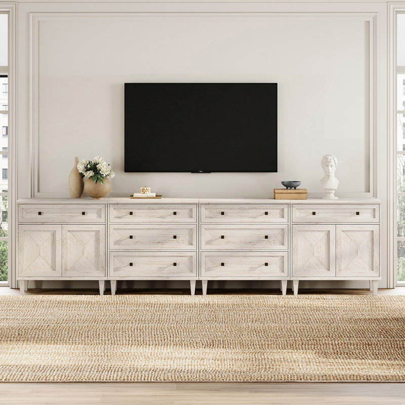 Buffet de style Mid-Century de 126 po fabriqué à la main avec rangement, 8 tiroirs et 2 armoires, pieds fuselés en bois massif, pour la salle à manger ou le salon, blanc