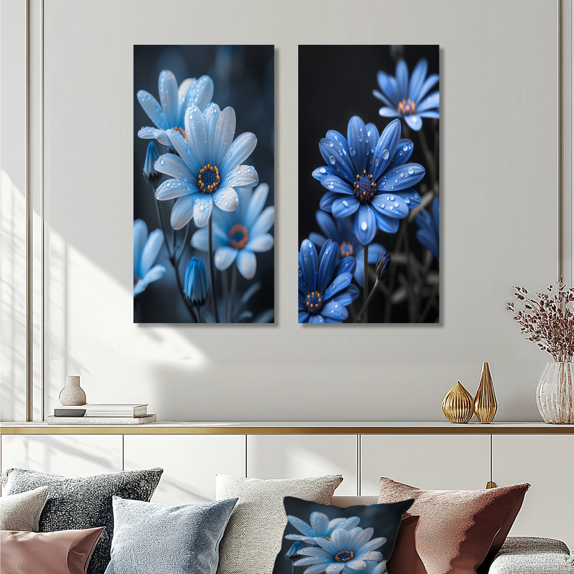 Winston Porter Monochrome Blue Black Daisies Raindrop Flowers I ...