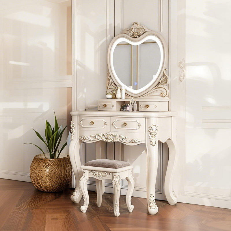 31.5"Light Luxury Compact Solid Wood Vanity Desk with Heart-shaped Mirror