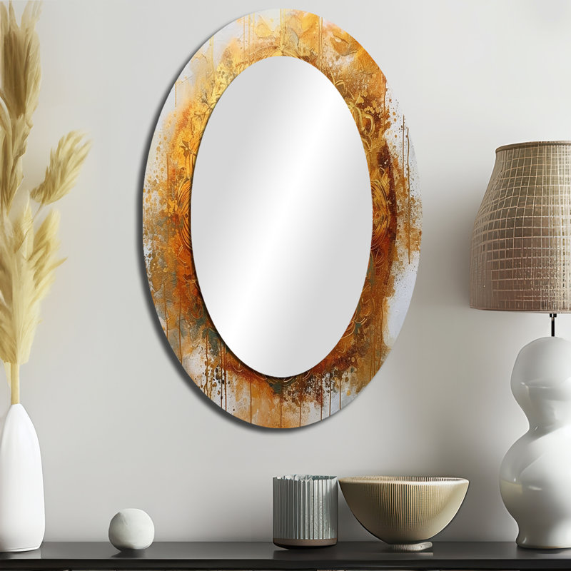 White And Gold Mandala VI - Geometric Oval Decorative Mirror On Metal, 36" x 24"