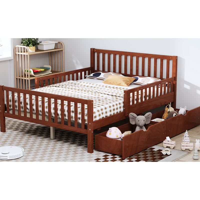 Lit plateforme double en bois pleine grandeur en noyer avec garde-corps et deux tiroirs de rangement, structure, 8 lattes pour un équilibre des couleurs de style classique, uniformément espacées