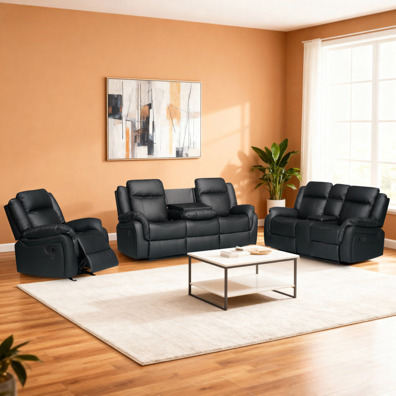 Ensemble de canapé inclinable manuel en similicuir: 3 places avec table rabattable, 2 places avec console et fauteuil inclinable noir