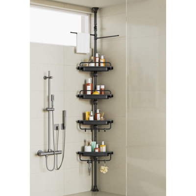 32-122Inch Corner Shower Caddy Tension Pole Black, Rustproof Drill-Free Shower Shelves, Adjustable Shower Organizer With 4 Tier Patent Stable Shelves & Towel Bars