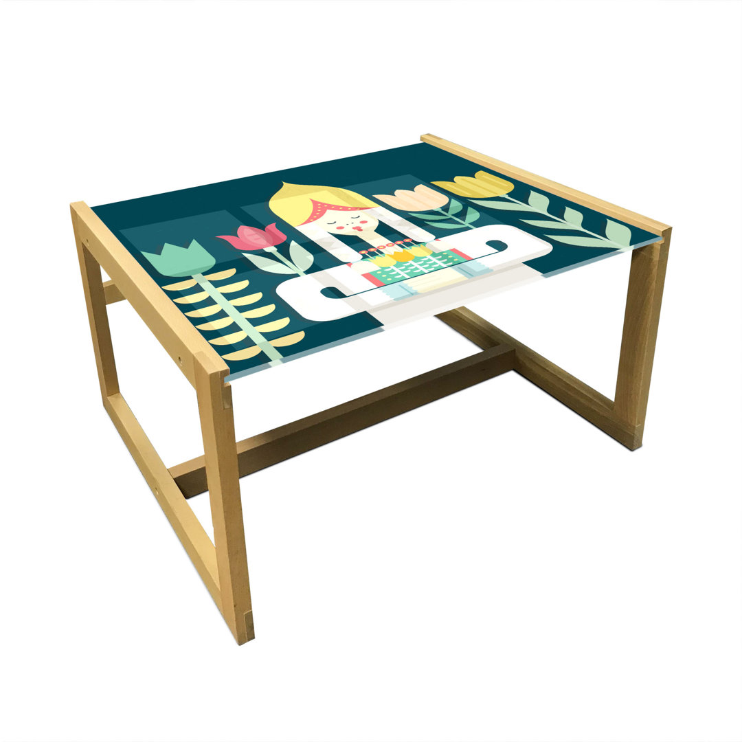 Amsterdam Coffee Table, Dutch Girl In Traditional Clothes Symbolizing Holland With Flowers, Acrylic Glass Center Table With Wooden Frame For Offices D